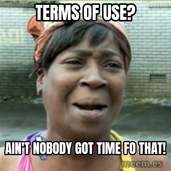 Ain't Nobody got time fo that meme: TERMS OF USE? / AIN'T NOBODY GOT TIME FO THAT!