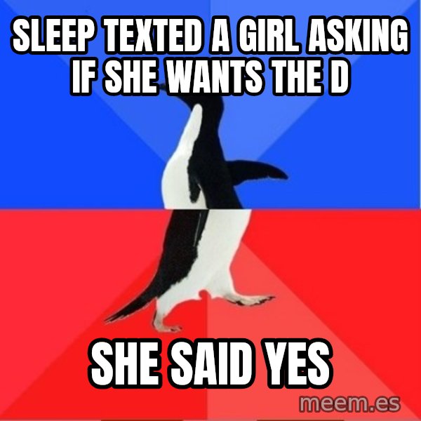Socially Awesome Awkward Penguin meme: Sleep texted a girl asking if she wants the D / She said yes