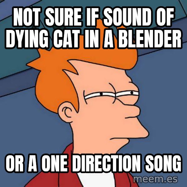 Futurama Fry meme: Not sure if sound of dying cat in a blender / or a one direction song