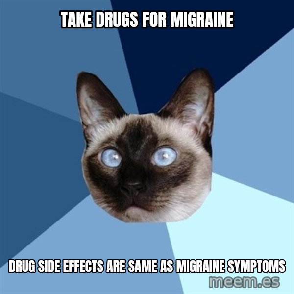 Chronic Illness Cat meme: take drugs for migraine / drug side effects are same as migraine symptoms