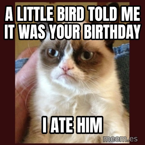 Tard the Grumpy Cat meme: A little bird told me it was your birthday / I ate him