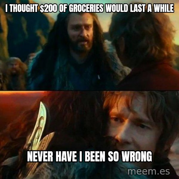 Never Have I Been So Wrong meme: i thought $200 of groceries would last a while / never have i been so wrong