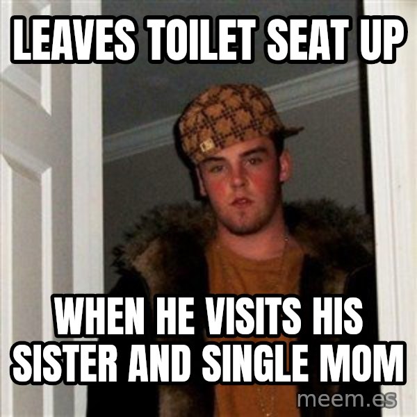 Scumbag Steve meme: leaves toilet seat up / when he visits his sister and single mom