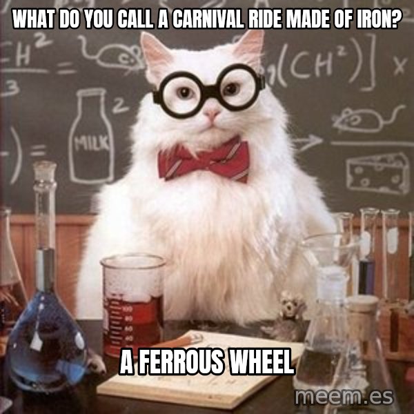 Chemistry Cat meme: What do you call a carnival ride made of iron? / A ferrous wheel