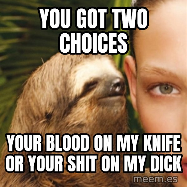 The Rape Sloth meme: you got two choices / your blood on my knife or your shit on my dick