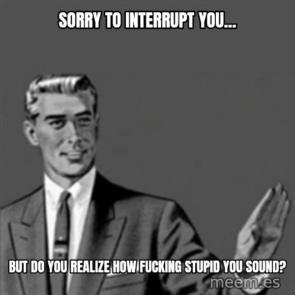 Correction Guy meme: sorry to interrupt you... / but do you realize how fucking stupid you sound?