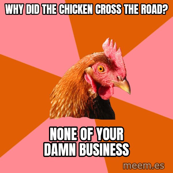Anti Joke Chicken meme: Why did the chicken cross the road? / none of your damn business