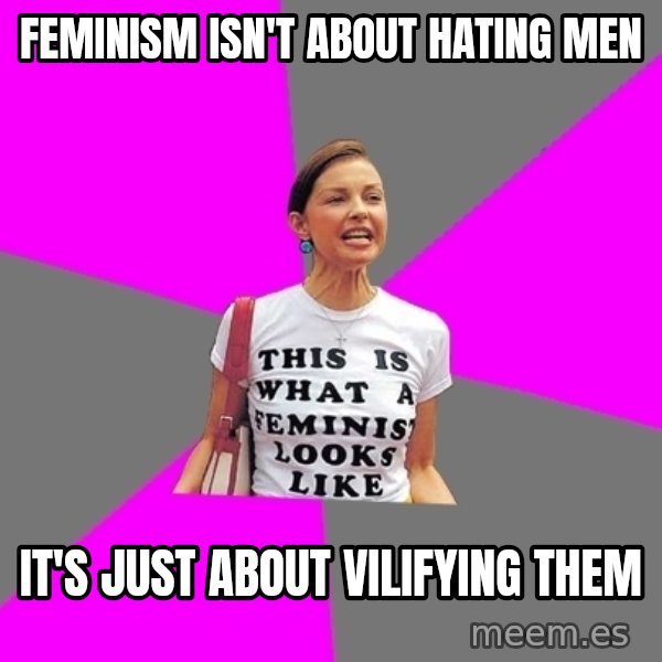 Feminist Cunt meme: feminism isn't about hating men / it's just about VILIFYING them