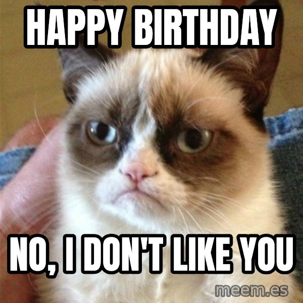 Grumpy Cat  meme: Happy Birthday / no, I Don't Like you