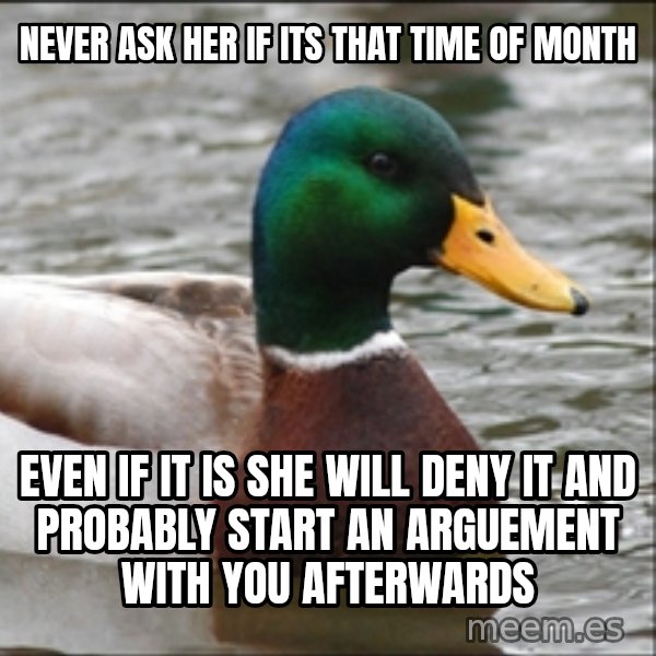 Actual Advice Mallard 1 meme: never ask her if its that time of month / even if it is she will deny it and probably start an arguement with you afterwards