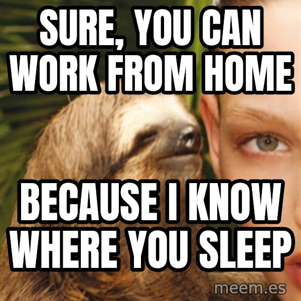 The Rape Sloth meme: Sure, you can work from home / Because I know where you sleep