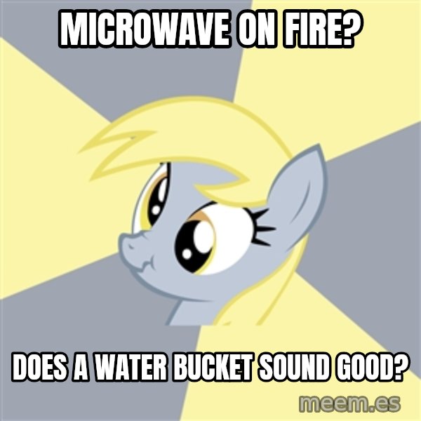 Badvice Derpy meme: microwave on fire? / does a water bucket sound good?