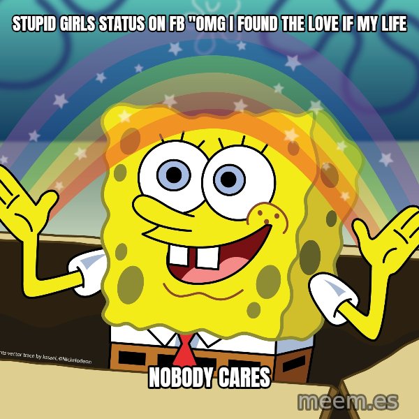 spongebob rainbow meme: STUPID GIRLS STATUS ON FB "OMG I FOUND THE LOVE IF MY LIFE / NOBODY CARES