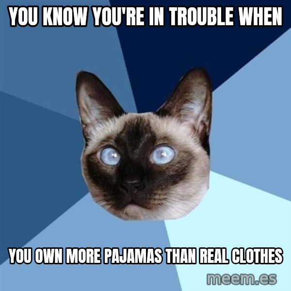 Chronic Illness Cat meme: you know you're in trouble when / you own more pajamas than real clothes