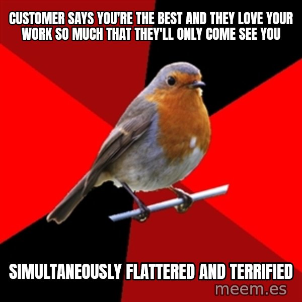 Retail Robin meme: Customer says you're the best and they love your work so much that they'll only come see you / simultaneously flattered and terrified