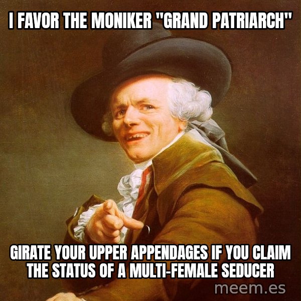 Joseph Ducreux meme: I favor the moniker "Grand Patriarch" / girate your upper appendages if you claim the status of a multi-female seducer
