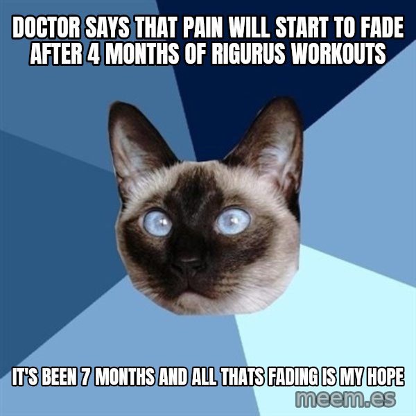 Chronic Illness Cat meme: Doctor says that pain will start to fade after 4 months of rigurus workouts / it's been 7 months and all thats fading is my hope