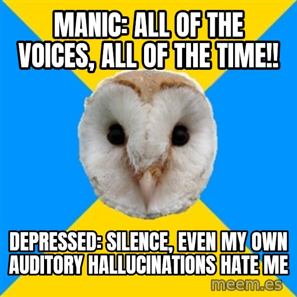 Bipolar Owl meme: Manic: All of the voices, all of the time!! / Depressed: Silence, even my own auditory hallucinations hate me