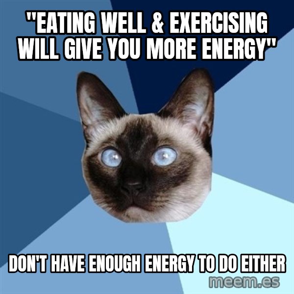 Chronic Illness Cat meme: "Eating well & exercising wIll give you more energy" / Don't have enough eNergy to do either