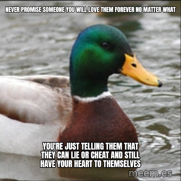 Actual Advice Mallard 1 meme: never promise someone you will love them forever no matter what / you're just telling them that they can lie or cheat and still have your heart to themselves