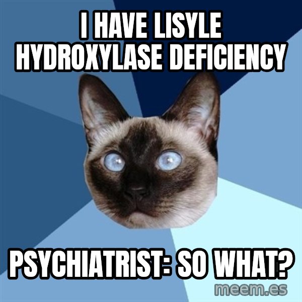 Chronic Illness Cat meme: I have lisyle hydroxylase deficiency / Psychiatrist: so what?
