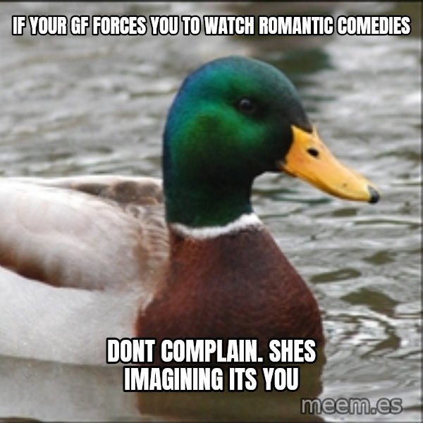 Actual Advice Mallard 1 meme: IF YOUR GF FORCES YOU TO WATCH ROMANTIC COMEDIES / DONT COMPLAIN. SHES IMAGINING ITS YOU