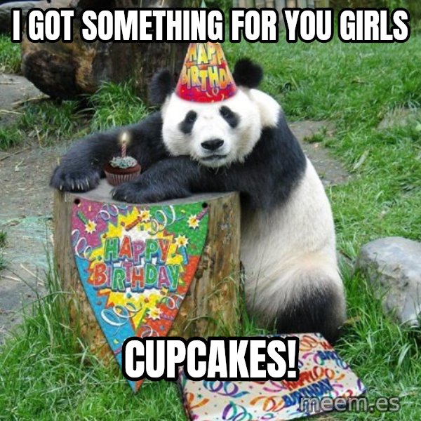 Happy Birthday Panda meme: I got something for you girls / cupcakes!