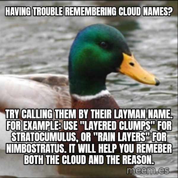 Actual Advice Mallard 1 meme: Having trouble remembering cloud names? / Try calling them by their layman name. for example: use "layered clumps" for stratocumulus, or "rain layers" for nimbostratus.  It will help you remeber both the cloud and the reason.