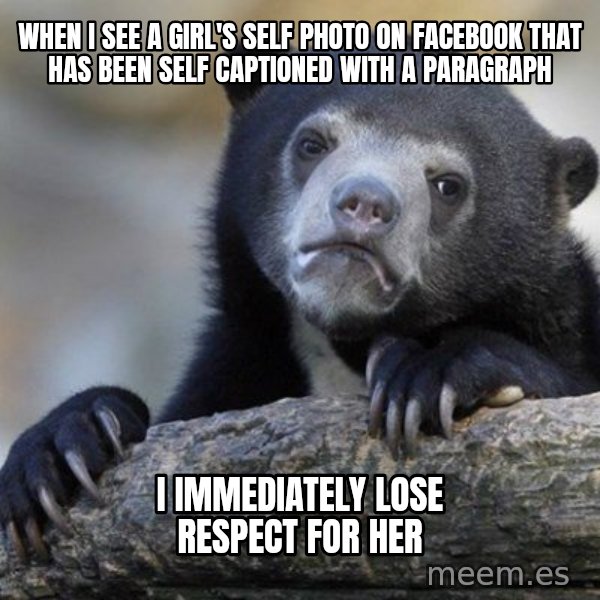 Confession Bear meme: when i see a girl's self photo on facebook that has been self captioned with a paragraph / i IMMEDIATELY lose respect for her