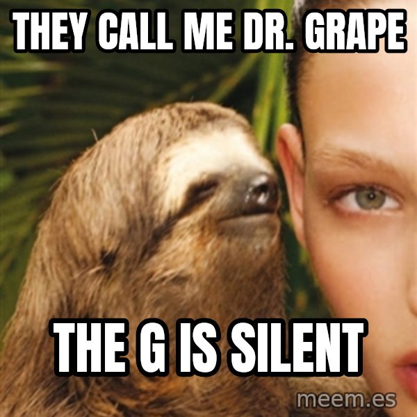 The Rape Sloth meme: They call me dr. grape / the g is silent