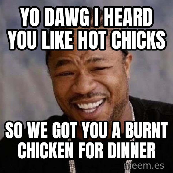 Yo Dawg meme: yo dawg i heard you like hot chicks / so we got you a burnt chicken for dinner