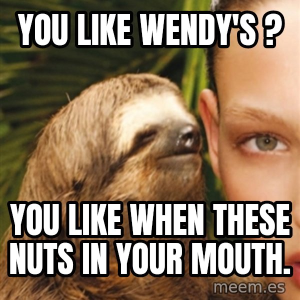 The Rape Sloth meme: You like Wendy's ? / You like when thEse nuts in your mouth.