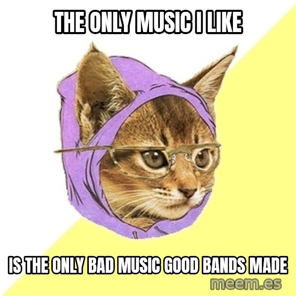 Hipster Kitty meme: the only music i like / is the only bad music good bands made