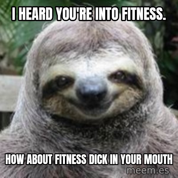 Sexual Sloth meme: I hearD YOU'RE INTO FITNESS. / HOW ABOUT FITNESS DICK IN YOUR MOUTH