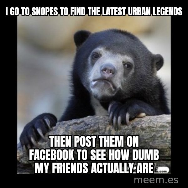 sad bear meme: I go to snopes to find the latest urban legends / Then post them on facebook to see how dumb my friends actually are