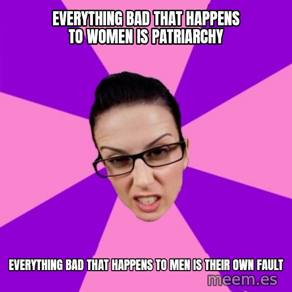 Privilege Denying Feminist meme: everything bad that happens to women is patriarchy / everything bad that happens to men is their own fault