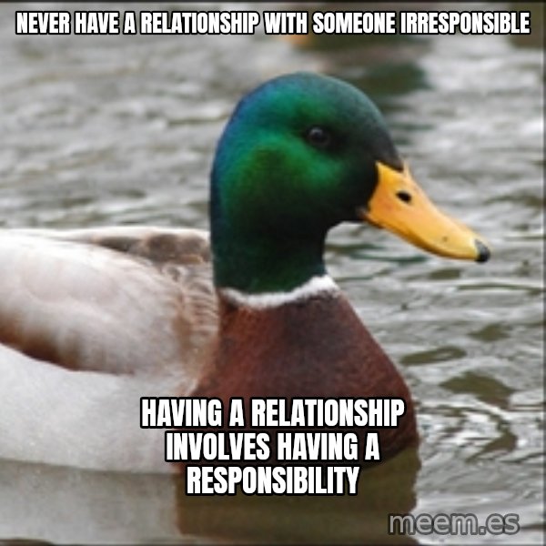 Actual Advice Mallard 1 meme: never have a relationship with someone irresponsible / having a relationship involves having a responsibility