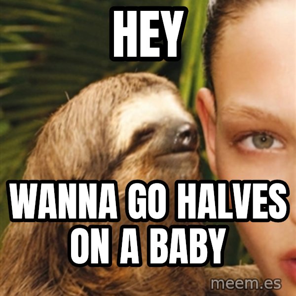 The Rape Sloth meme: Hey / wanna go halves on a baby
