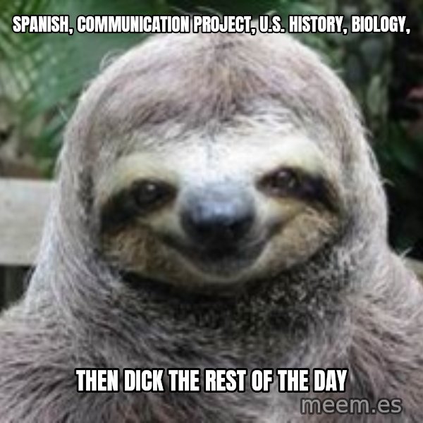 Sexual Sloth meme: Spanish, communication project, U.S. history, biology, / Then dick the rest of the day