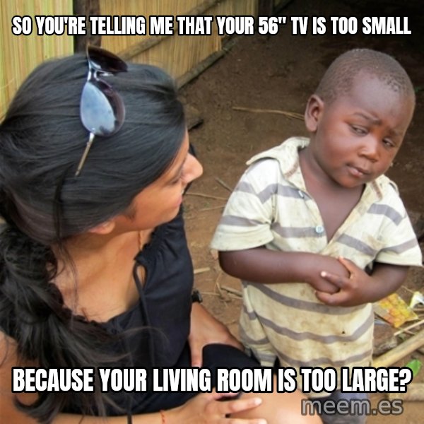 So You're Telling me meme: So you're telling me that your 56" tv is too small / Because your living room is too large?