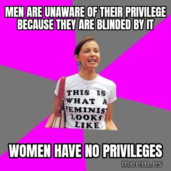 Feminist Cunt meme: men are unaware of their privilege because they are blinded by it / women have no privilegeS