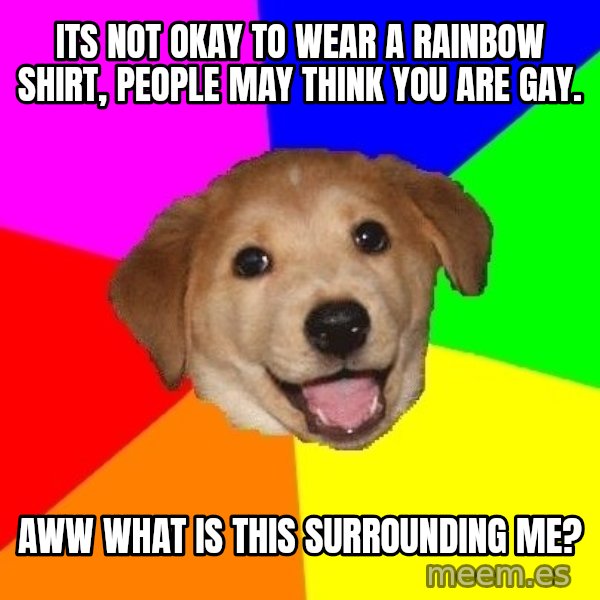 Advice Dog meme: its not okay to wear a rainbow shirt, people may think you are gay. / aww what is this surrounding me?