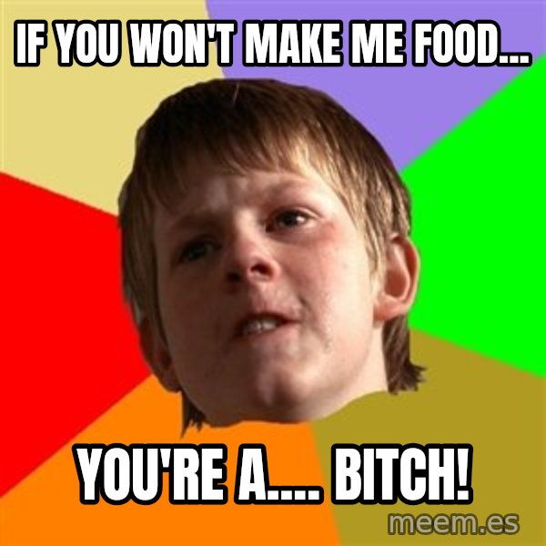 Angry School Boy meme: if you won't make me food... / you're a....    bitch!