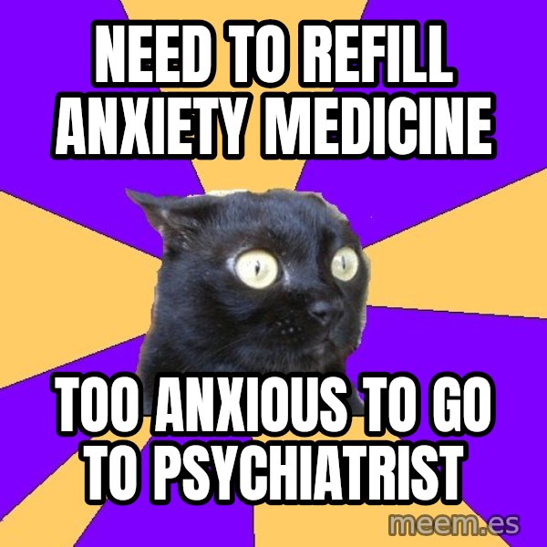 Anxiety Cat meme: Need to refill anxiety medicine / Too anxious to go to psychiatrist