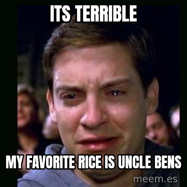 crying peter parker meme: ITS TERRIBLE / MY FAVORITE RICE IS UNCLE BENS
