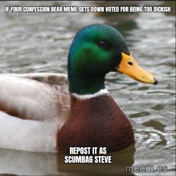 Actual Advice Mallard 1 meme: If your confession bear meme gets down voted for being too dickish / repost it as scumbag steve
