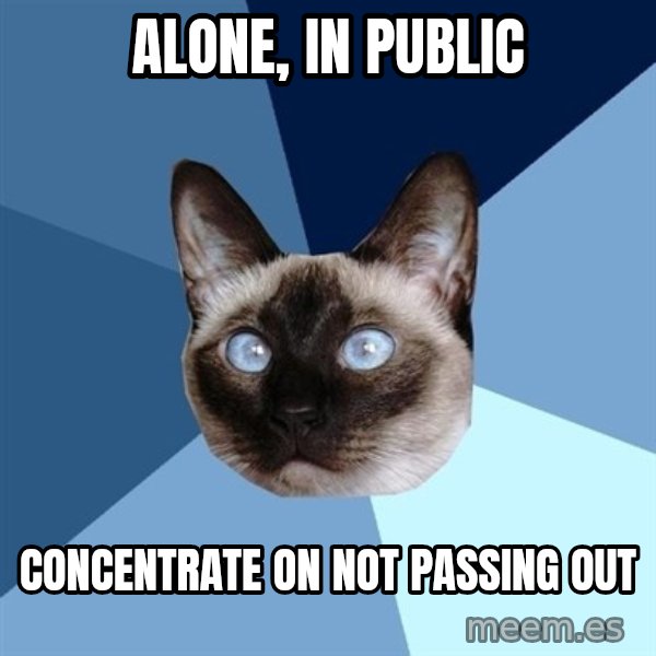Chronic Illness Cat meme: alone, in public / concentrate on not passing out