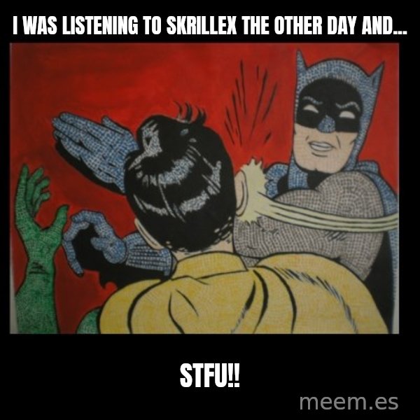 Batman Slappp meme: i was listening to skrillex the other day and... / STFU!!