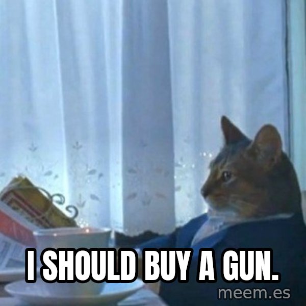 newspaper cat realization meme: I SHOULD BUY A GUN.
