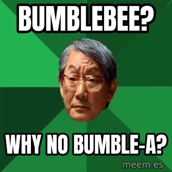 High Expectations Asian Father meme: Bumblebee? / Why no bumble-A?